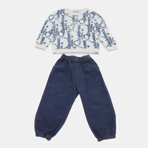 Baby Dior White/blue Dior Oblique Pattern Sweater And Pants Set 24M